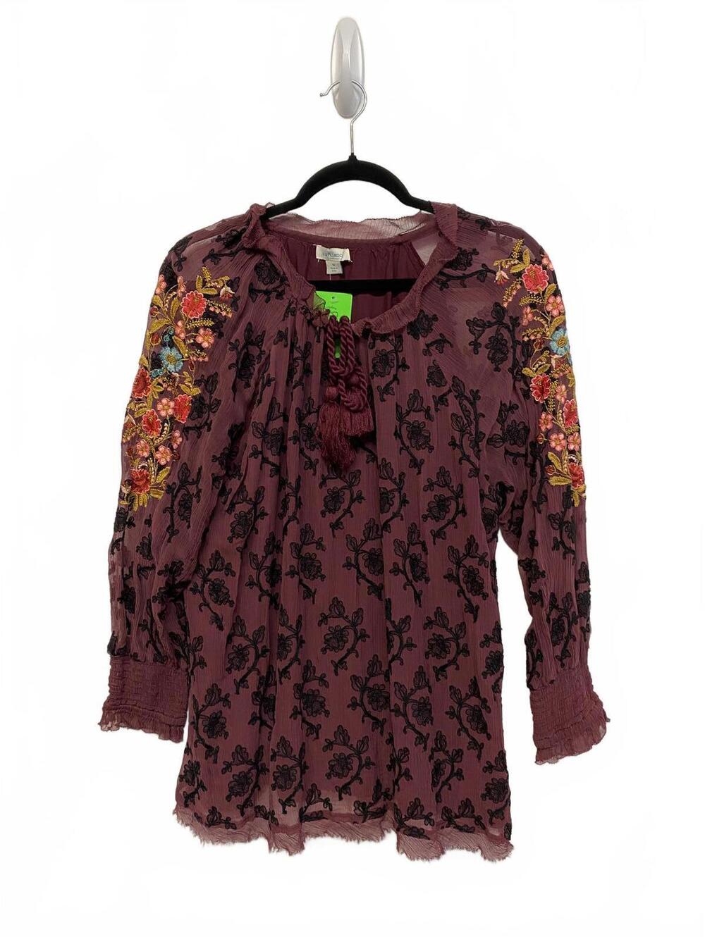 Sundance Maroon Colorful Floral Embroidered Sheer Blouse Medium Boho Boutique